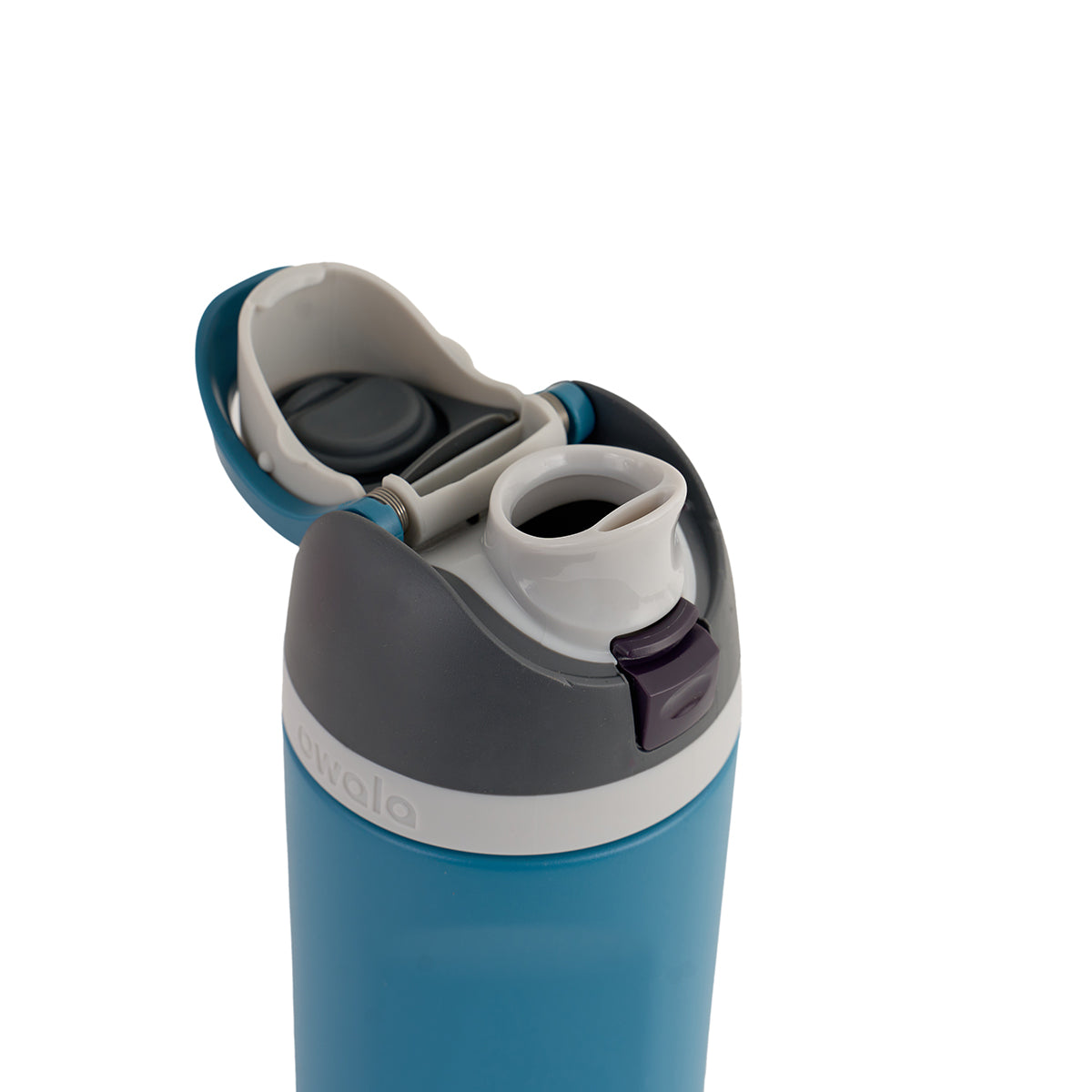 Blue water bottle with a gray lid, shown open to reveal a white spout and purple button. Sleek design on a white background, conveying modernity.