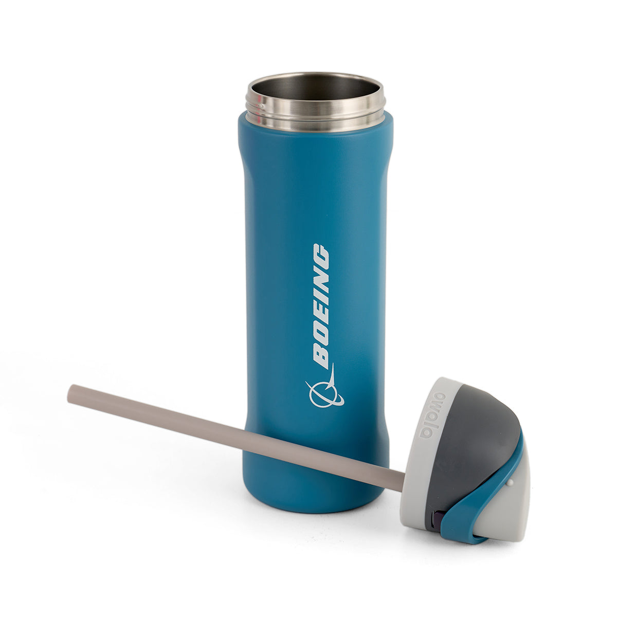 A teal insulated bottle with the Boeing logo stands upright. Next to it lies a detached grey and teal lid with an extended straw, highlighting portability.