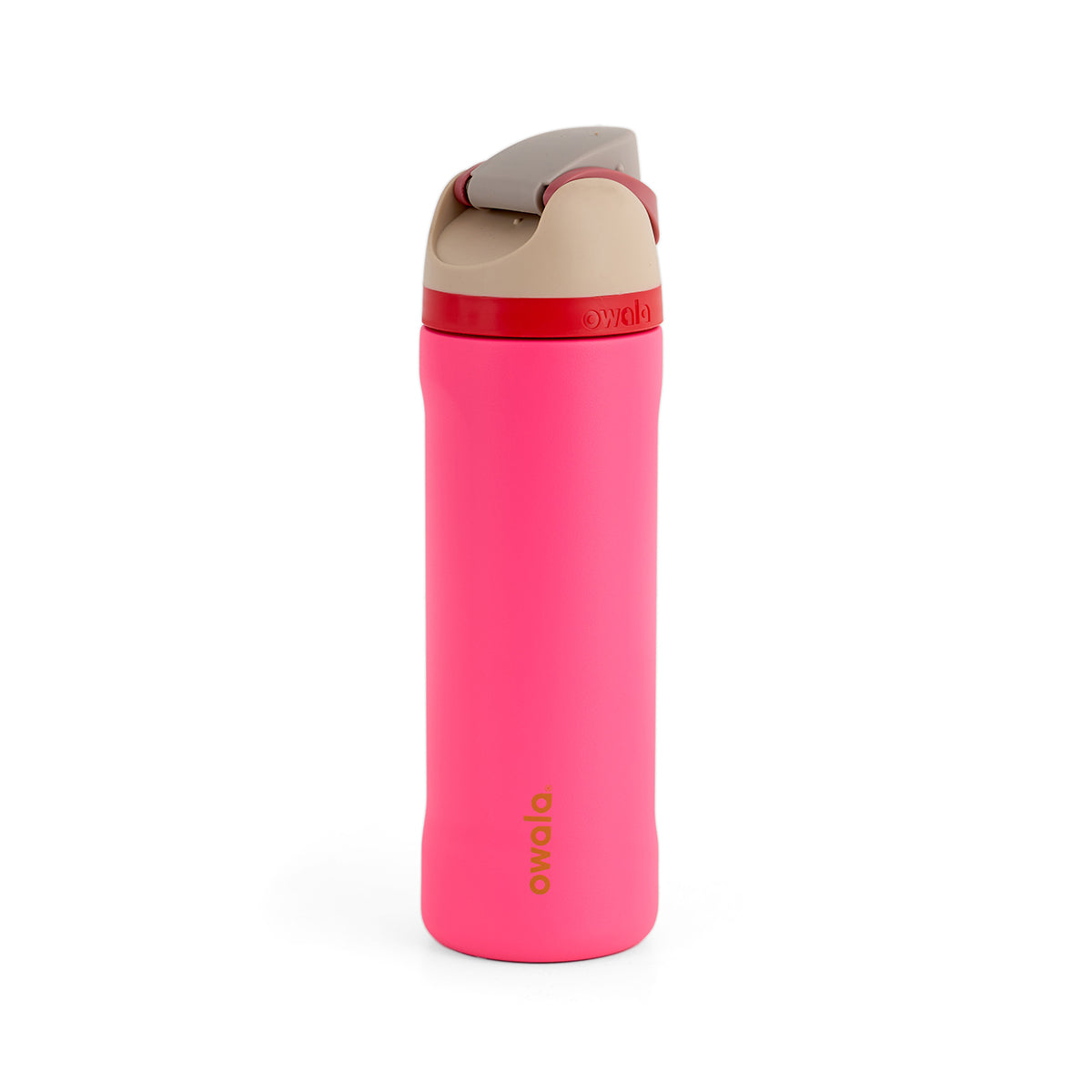 A vibrant pink insulated water bottle with a beige lid and red accents stands upright. The brand name "owala" is printed in yellow near the base.