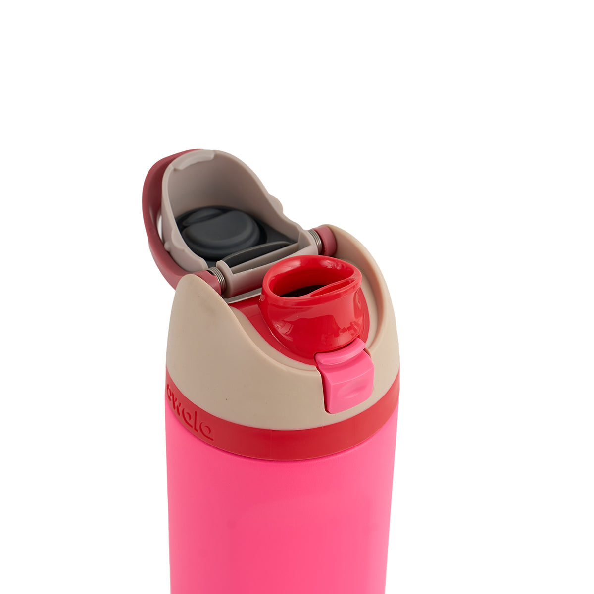 A pink water bottle with a flip-top lid is open, revealing a spout. The lid is red and beige, conveying a practical, casual design.