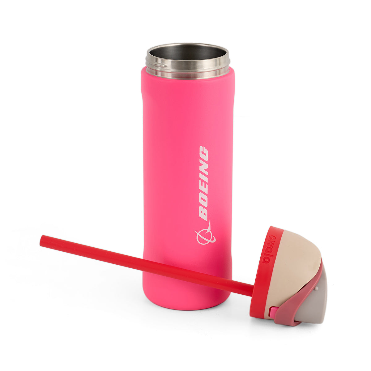 A pink stainless steel tumbler with the word "Boeing" and a logo printed on it. The lid and straw are red, placed beside the tumbler on a white background.