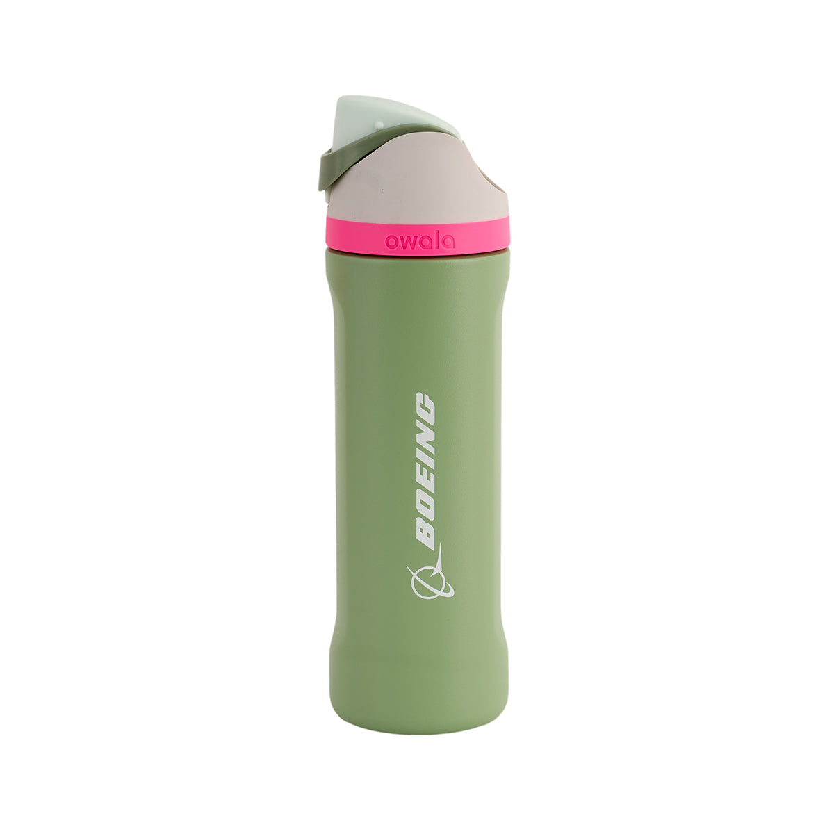 Green water bottle with white "Boeing" text, pink cap edge labeled "owala," and a beige lid. Sleek and modern with a travel-friendly design.