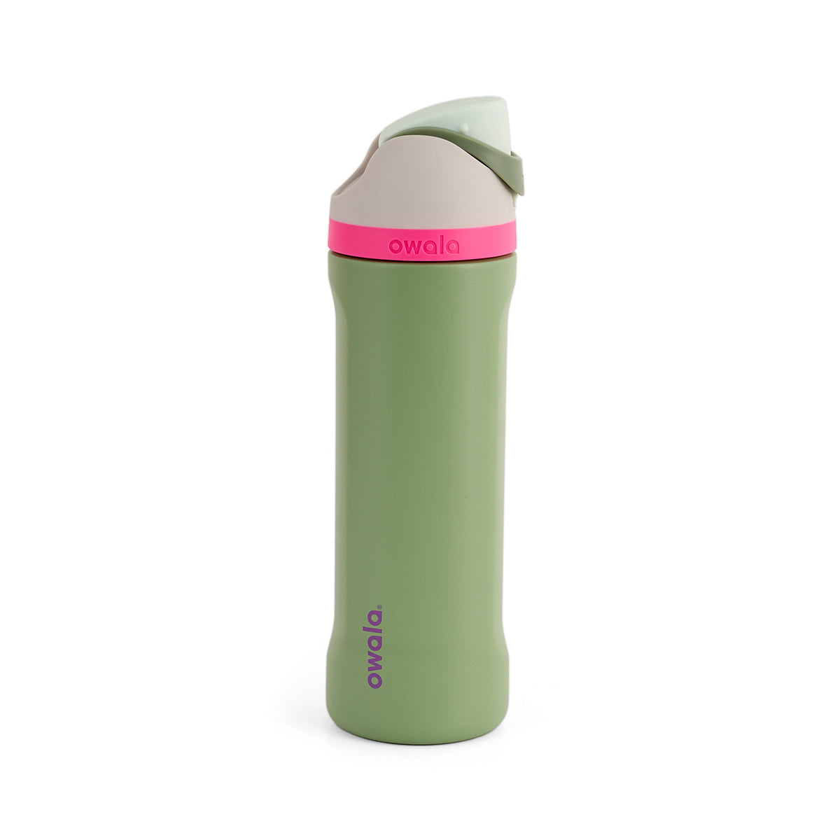 A green reusable water bottle with a pink lid and beige top. The word "owala" is printed in purple vertically near the base. Sleek and modern design.