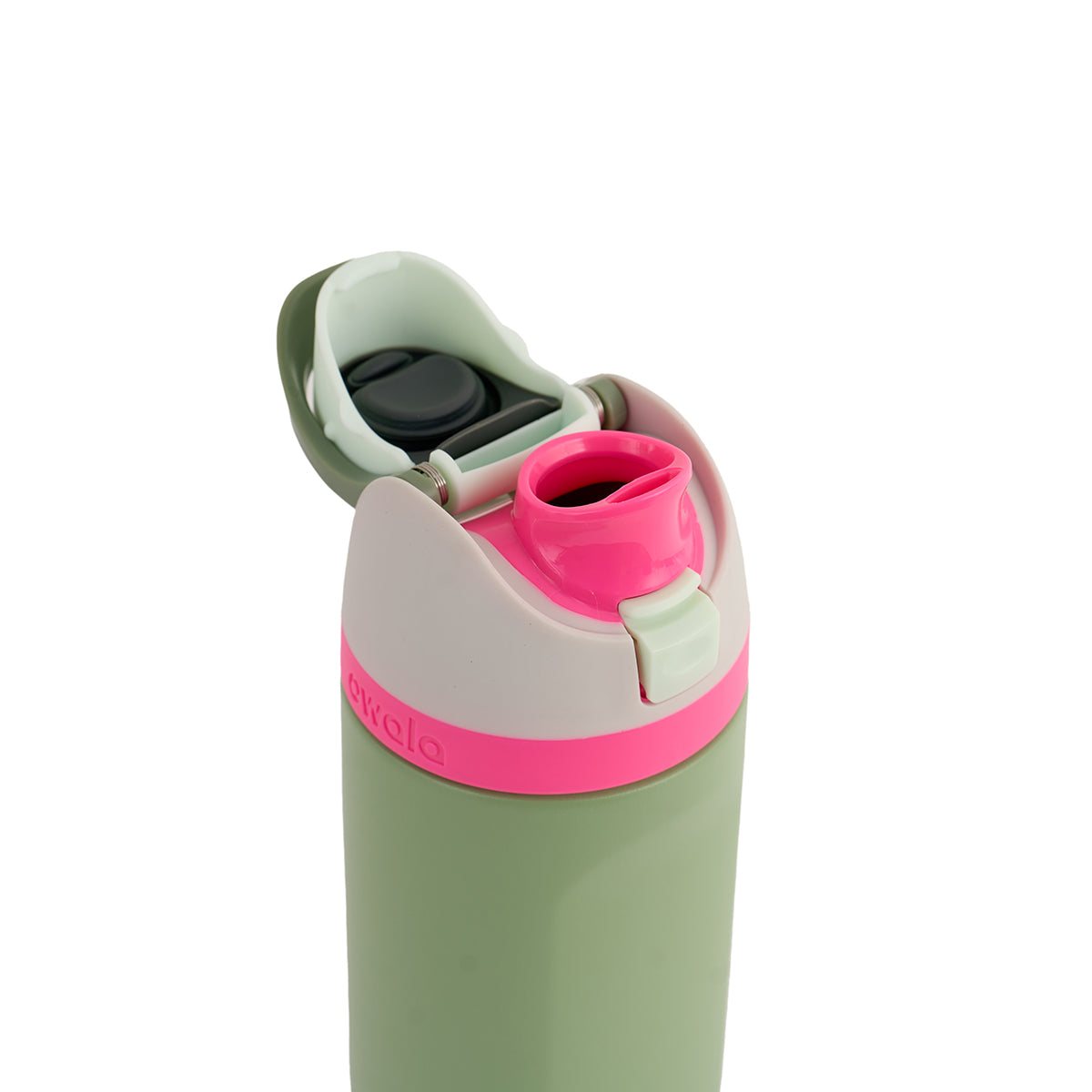 A green water bottle with a pink lid features a flip-top spout. The lid is open, revealing a dark interior. It conveys a modern, functional design.