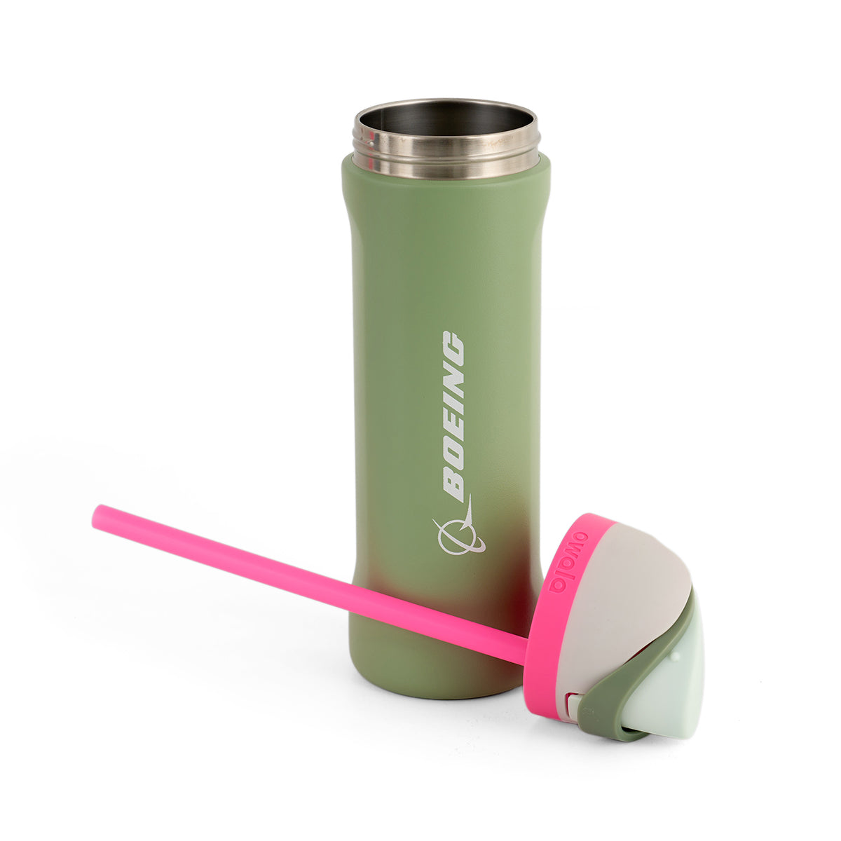 Green Boeing thermos with an open top, placed next to a pink straw and a colorful, uniquely-shaped lid. The setup conveys a modern, vibrant tone.