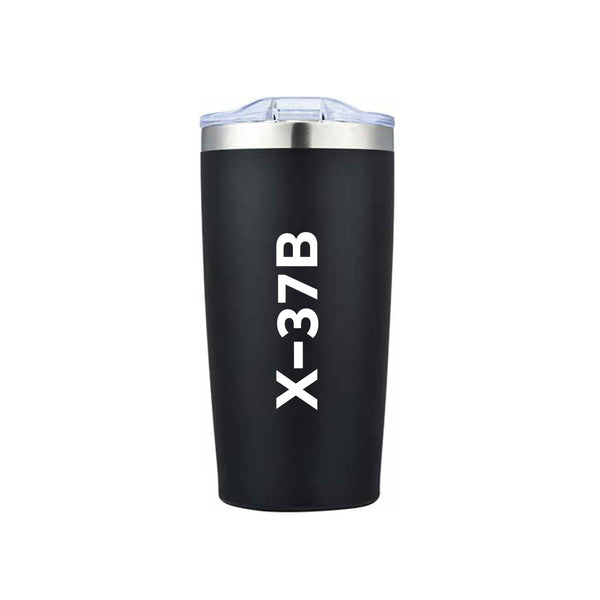 The BOEING X-37B 20 oz Tumbler features a black design with a clear lid and bold white vertical “X-37B” text—a stylish nod to aerospace innovation.