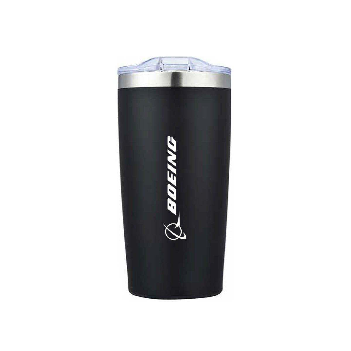 The Boeing X-37B 20 Oz. Tumbler by BOEING is a black travel tumbler featuring a clear plastic lid and the white Boeing logo printed vertically on the front.