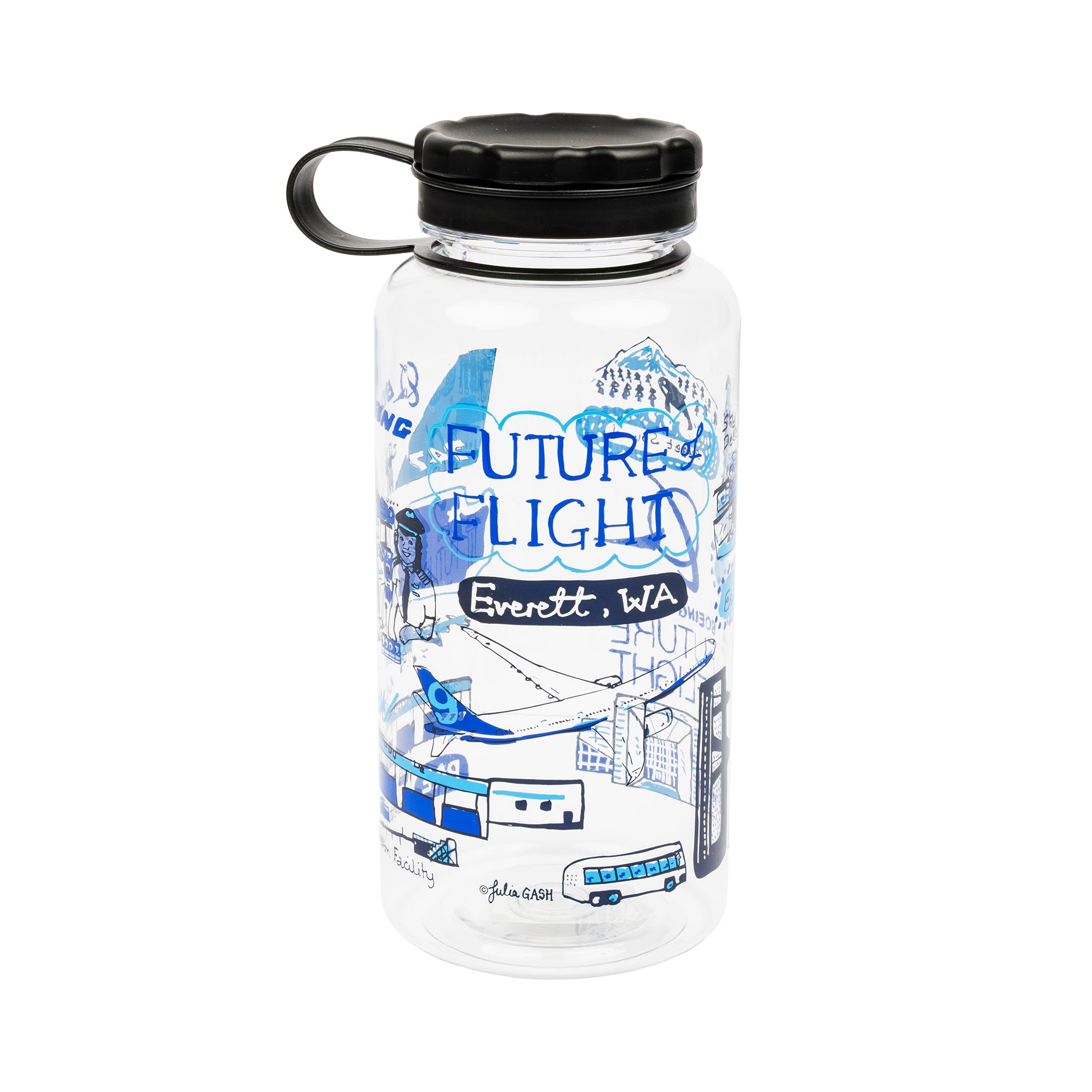 The BOEING Future Of Flight Destination 34 oz Tritan water bottle features blue and white transport illustrations, a black lid, BPA-free design, and reads "Future of Flight Everett, WA.
