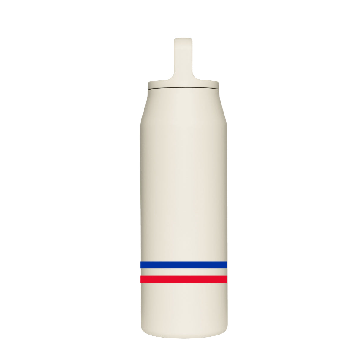 The BOEING MiiR Americana 32 oz Wide Mouth Bottle is a cream vacuum-insulated bottle with lid and spout, featuring blue and red stripes near the base, shown on a white background.