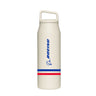 The BOEING MiiR Americana 32 oz Wide Mouth Bottle is a white stainless steel, vacuum-insulated bottle with a handle, blue Boeing logo, and red and blue stripes near the base to keep drinks at the perfect temperature.