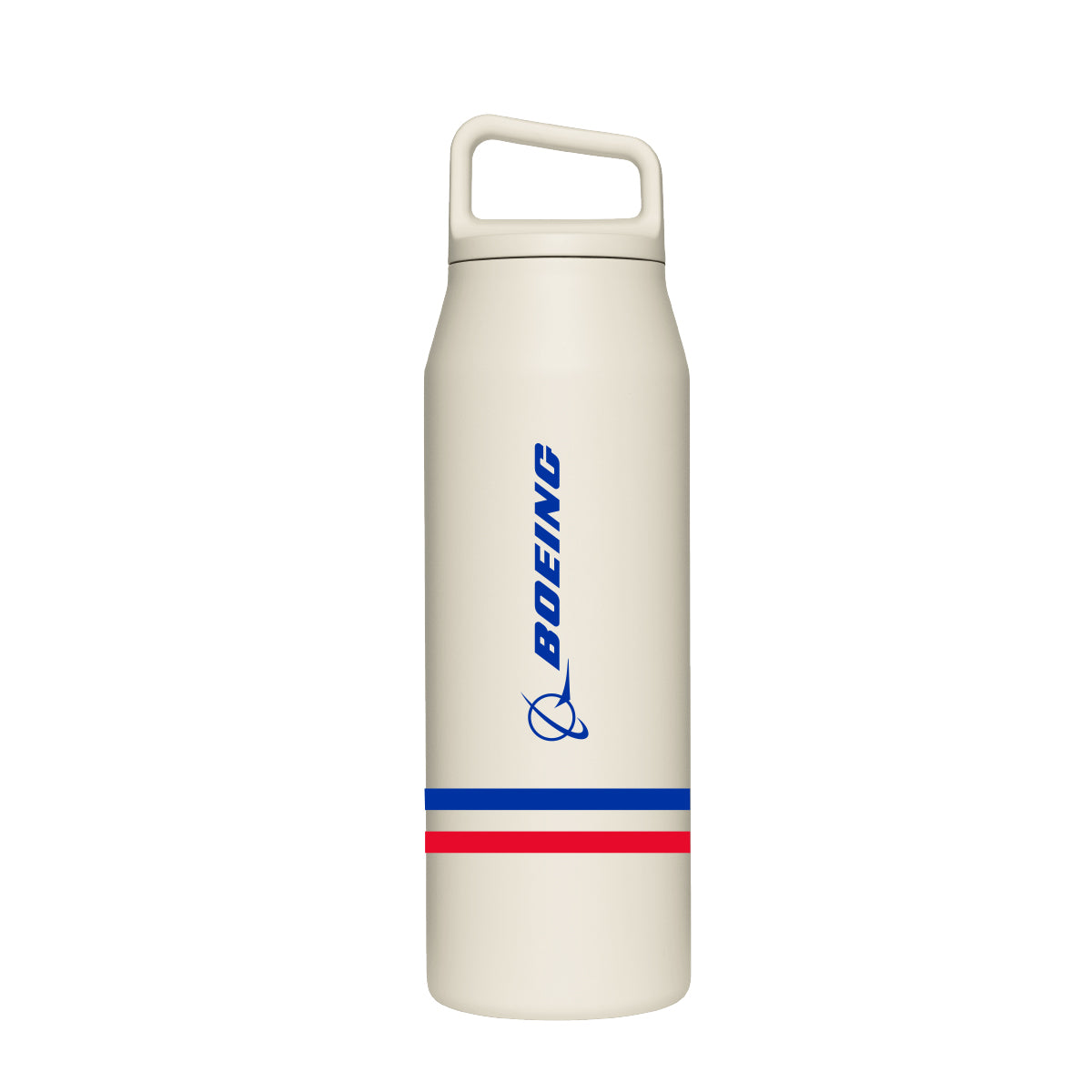 The BOEING MiiR Americana 32 oz Wide Mouth Bottle is a white stainless steel, vacuum-insulated bottle with a handle, blue Boeing logo, and red and blue stripes near the base to keep drinks at the perfect temperature.