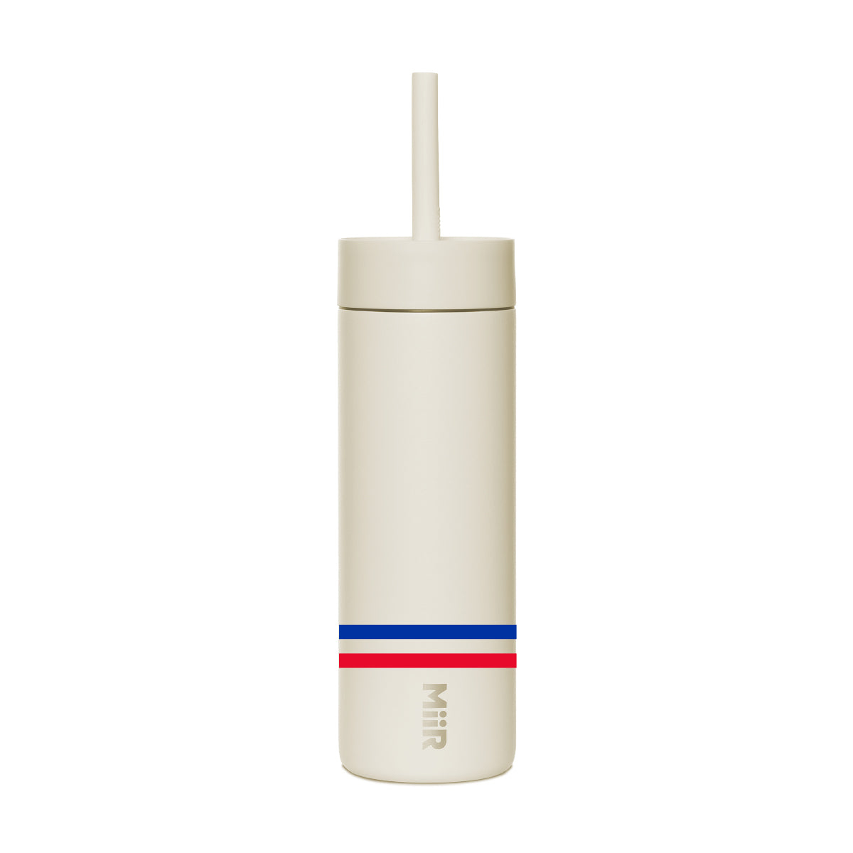The BOEING MiiR Americana 16 oz Straw Bottle is cream-colored, vacuum insulated, with a spill-resistant lid and straw, horizontal blue and red stripes near the base, and MiiR printed vertically.