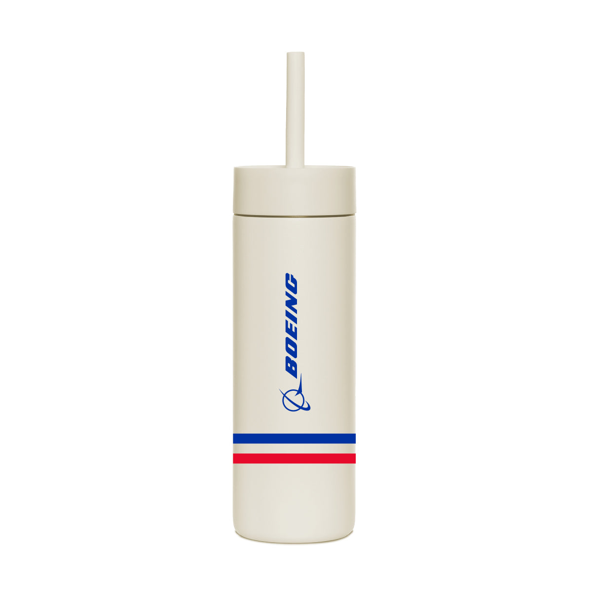 The MiiR Boeing Americana 16 oz Straw Bottle by BOEING is a white, vacuum-insulated tumbler with a spill-resistant lid and straw, blue Boeing logo, and red & blue stripe near the base, shown on a plain white background.
