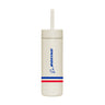The MiiR Boeing Americana 16 oz Straw Bottle by BOEING is a white, vacuum-insulated tumbler with a spill-resistant lid and straw, blue Boeing logo, and red & blue stripe near the base, shown on a plain white background.
