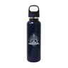 A BOEING St. Louis Fighterland 22 oz water bottle in navy blue, with a black lid and a white graphic of an arch, city skyline, and the text “Fighterland U.S.A.”.
