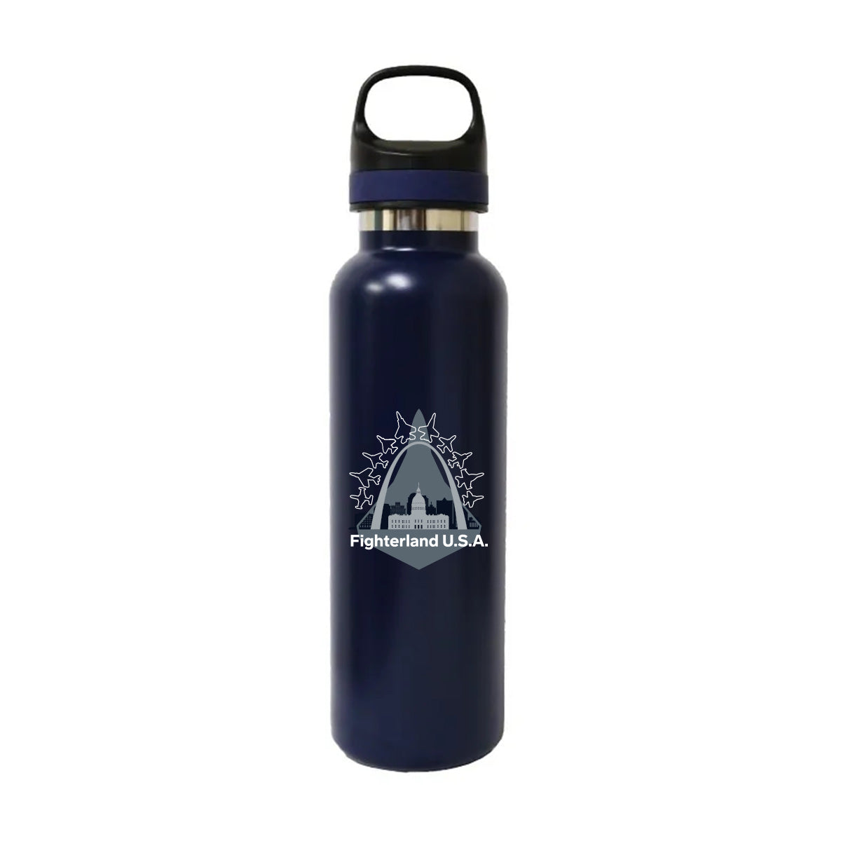 A BOEING St. Louis Fighterland 22 oz water bottle in navy blue, with a black lid and a white graphic of an arch, city skyline, and the text “Fighterland U.S.A.”.
