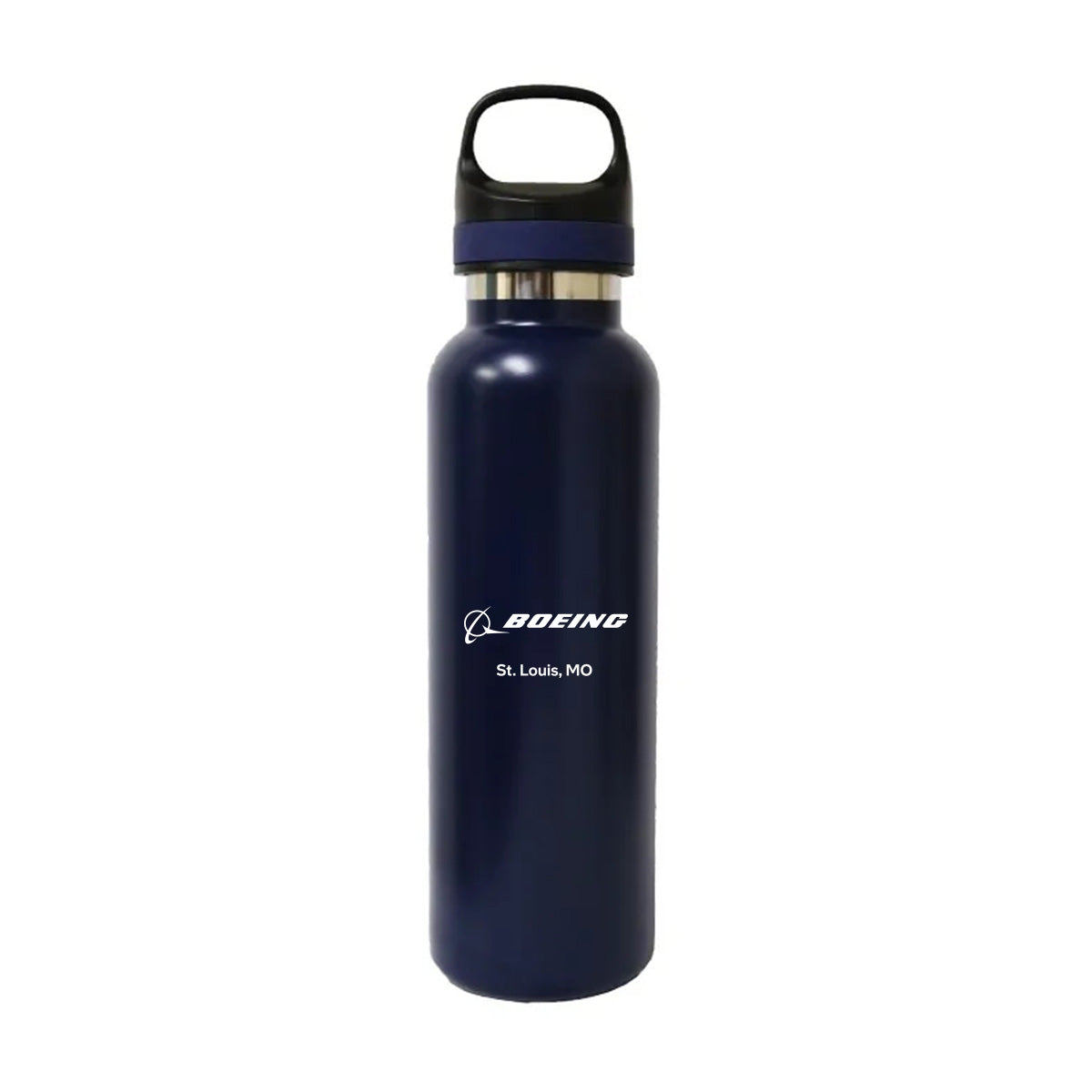 A 22 oz navy blue stainless steel Boeing St. Louis Fighterland water bottle by BOEING, featuring a black lid and handle, with the Boeing logo and “St. Louis, MO” printed in white on the front.