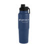 Introducing the Boeing Spirit Defense Kerry Recycled Stainless Steel Bottle by BOEING—a blue, BPA-free water bottle with a black flip-top lid. Featuring the white Spirit Defense A Boeing Company logo and text on the front, this bottle is crafted from recycled stainless steel and includes double-wall insulation to maintain your drink’s ideal temperature.