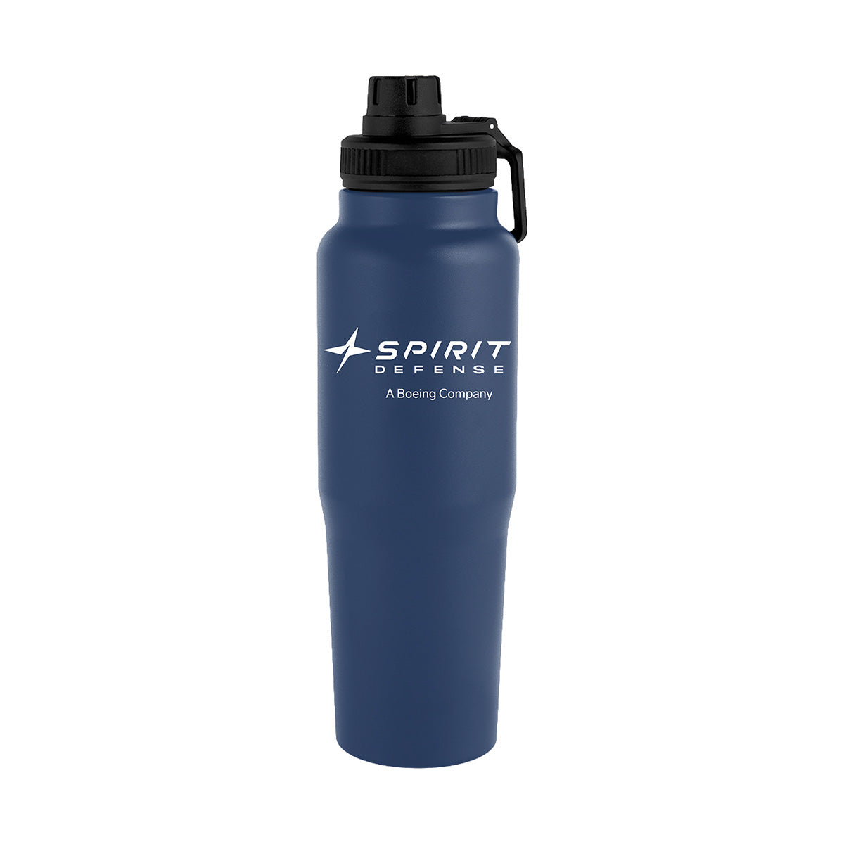 Introducing the Boeing Spirit Defense Kerry Recycled Stainless Steel Bottle by BOEING—a blue, BPA-free water bottle with a black flip-top lid. Featuring the white Spirit Defense A Boeing Company logo and text on the front, this bottle is crafted from recycled stainless steel and includes double-wall insulation to maintain your drink’s ideal temperature.