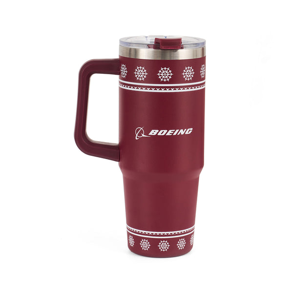 The Boeing 2025 Jet Snowflake 30 oz Tumbler is a maroon travel mug with handle, featuring white snowflake designs and the BOEING logo on the front, plus a clear lid and silver rim.
