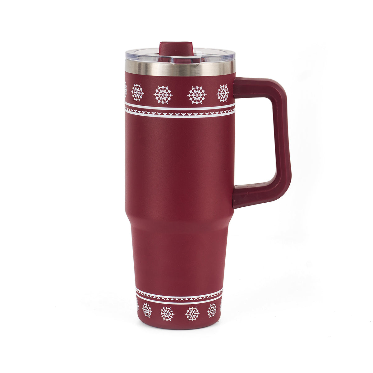 A tall, maroon BOEING 2025 Jet Snowflake 30oz Tumbler with a large handle, silver lid, and white geometric snowflake patterns near the top and bottom is shown against a plain white background.