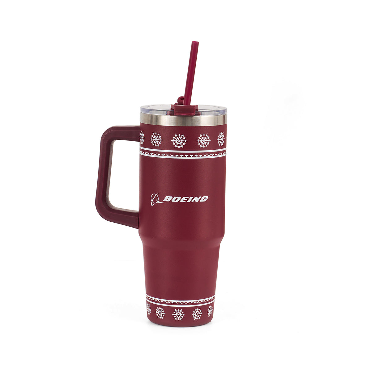 The Boeing 2025 Jet Snowflake 30oz Tumbler by BOEING features a red body, handle, clear lid, red straw, white snowflake design, and Boeing logo—ideal for 787 Dreamliner fans.