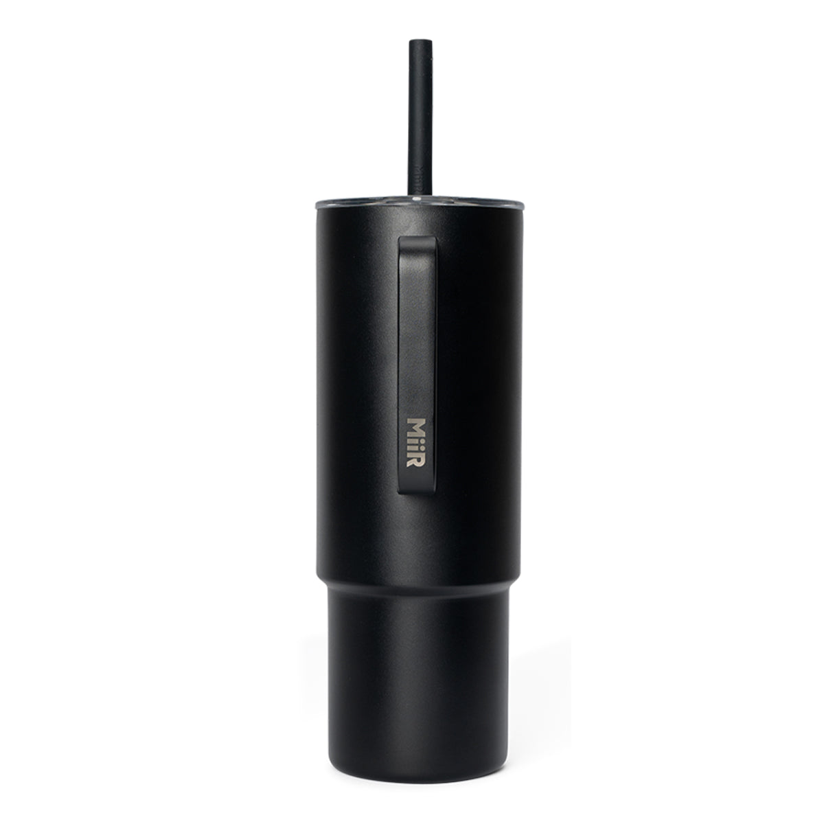 The MiiR Boeing 32 oz Tumbler is a tall, matte black vacuum-insulated tumbler with a handle and straw, featuring the BOEING logo vertically on the side.