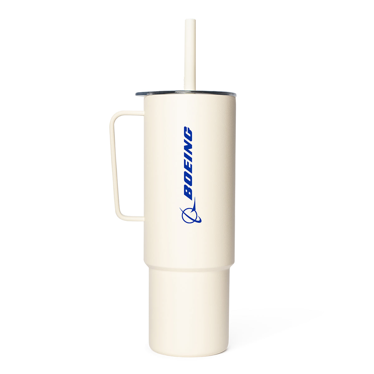 The BOEING MiiR 32 oz Tumbler is a tall, cream-colored stainless steel tumbler with a handle and straw, featuring a vertical blue Boeing logo. Enjoy your drinks in style with this sleek and functional tumbler.