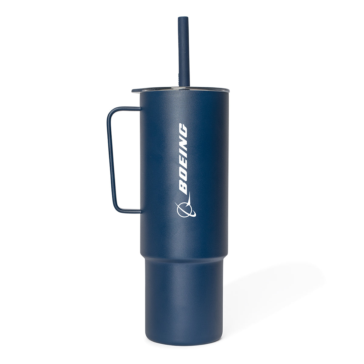 The MiiR Boeing 32 oz Tumbler is a tall, navy stainless steel cup with a handle, lid, straw, and the BOEING logo printed vertically in white on the side.