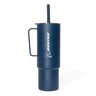 The MiiR Boeing 32 oz Tumbler is a tall, navy stainless steel cup with a handle, lid, straw, and the BOEING logo printed vertically in white on the side.