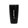 The MiiR Boeing 16 oz Tumbler by BOEING is a black stainless steel, vacuum-insulated cup with a silver rim, featuring the white Boeing logo and wordmark vertically on the front, shown against a plain white background.