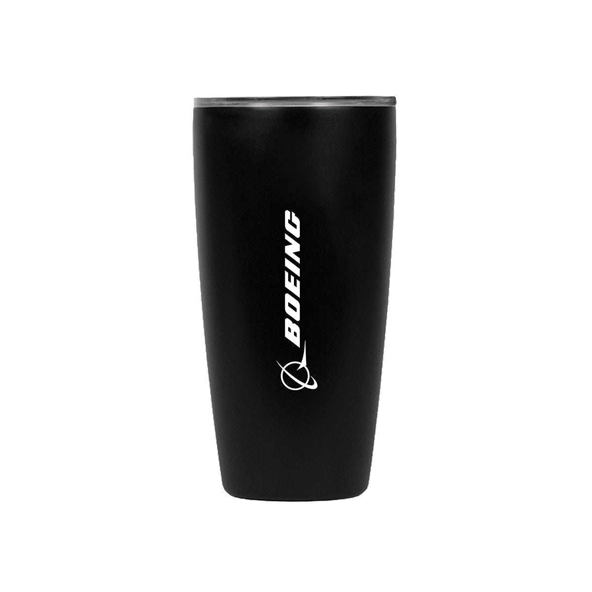 The MiiR Boeing 16 oz Tumbler by BOEING is a black stainless steel, vacuum-insulated cup with a silver rim, featuring the white Boeing logo and wordmark vertically on the front, shown against a plain white background.