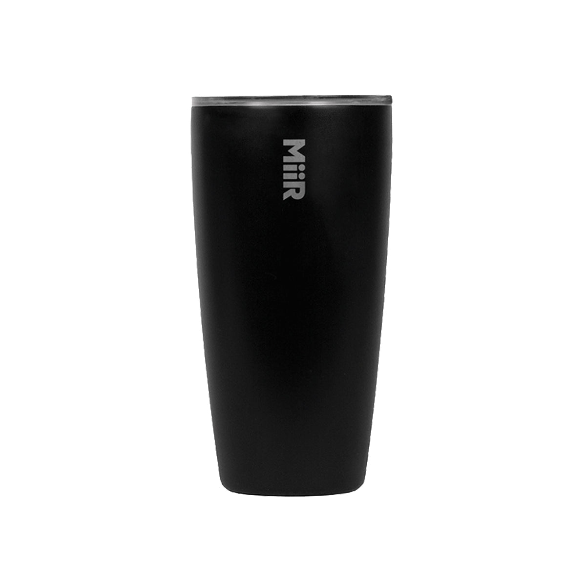 A black BOEING MiiR 16 oz Tumbler with a clear lid is shown upright against a white background. The vacuum-insulated tumbler features the MiiR logo near the top, offering a sleek, modern look.