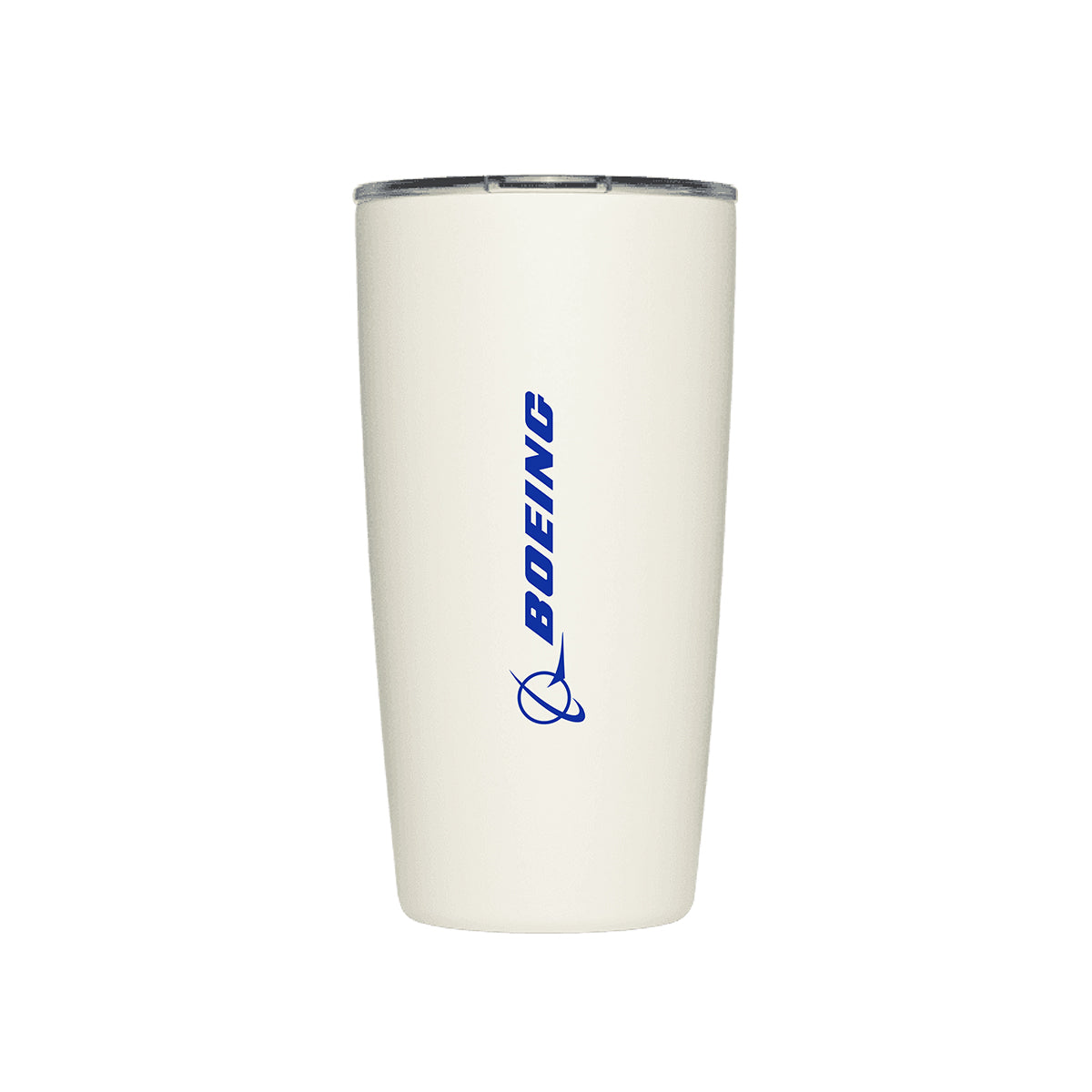 The BOEING MiiR 16 oz Tumbler is white with a clear lid and features the blue Boeing logo and name vertically on the front. Its vacuum insulation keeps drinks hot or cold for hours.