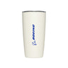 The BOEING MiiR 16 oz Tumbler is white with a clear lid and features the blue Boeing logo and name vertically on the front. Its vacuum insulation keeps drinks hot or cold for hours.