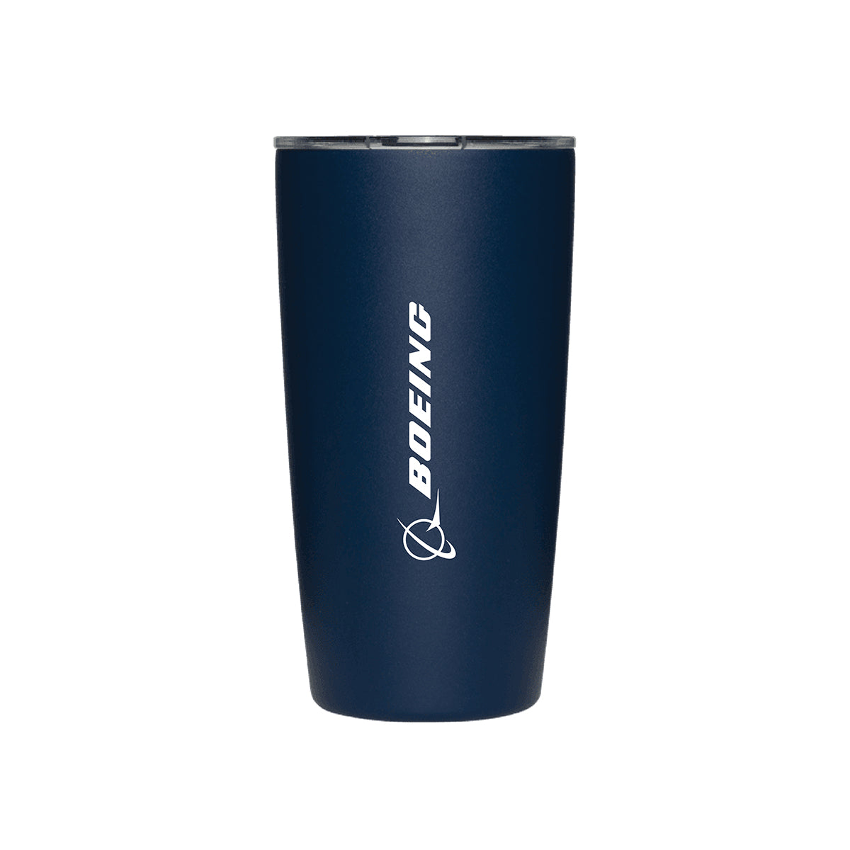 A navy blue MiiR Boeing 16 oz Tumbler by BOEING, featuring a white vertical Boeing logo and clear lid, stands on a plain white background.