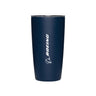 A navy blue MiiR Boeing 16 oz Tumbler by BOEING, featuring a white vertical Boeing logo and clear lid, stands on a plain white background.