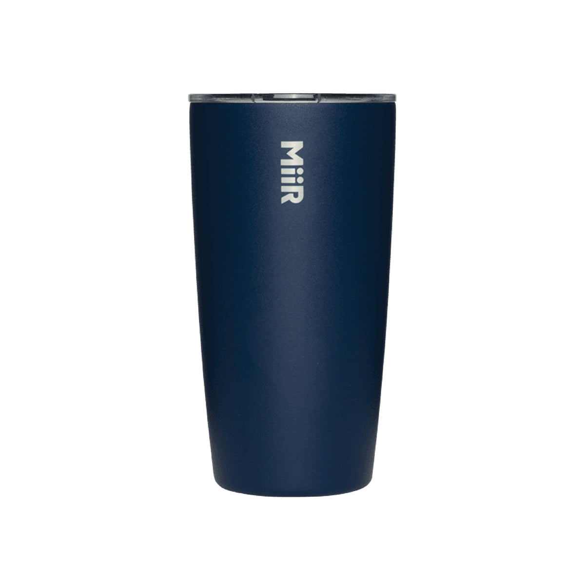 A navy blue stainless steel MiiR Boeing 16 oz Tumbler features a clear lid and "BOEING" printed vertically in white near the top, set against a plain white background.