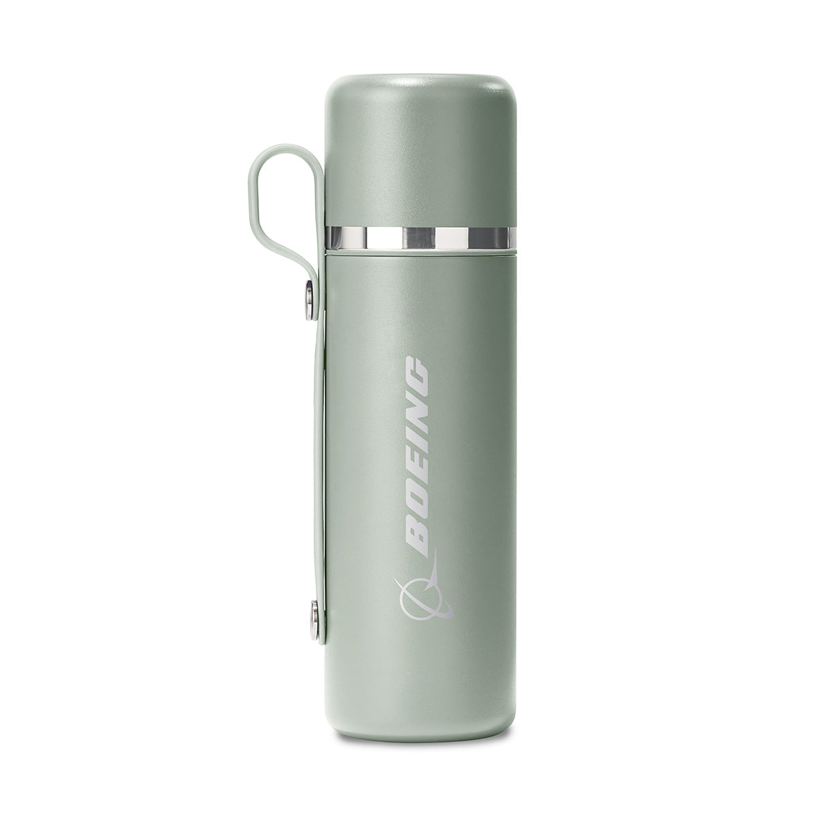 The BOEING Hydroflask Boeing 28 oz Flask & Cup in light gray-green, with a handle and silver band, features the white Boeing logo on its side. This upright thermal flask against a white background offers a leakproof hydration system.