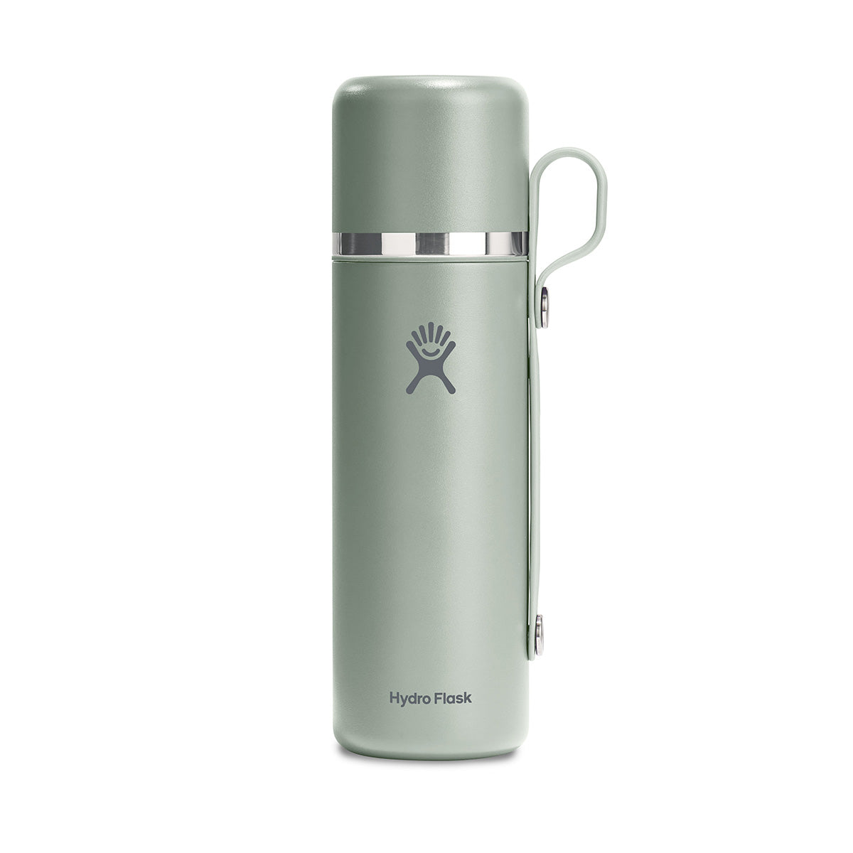 The BOEING Hydroflask 28 oz Flask & Cup in light green features a silver band near the top, side carrying handle, and front logo—ideal for leakproof hydration on the go.