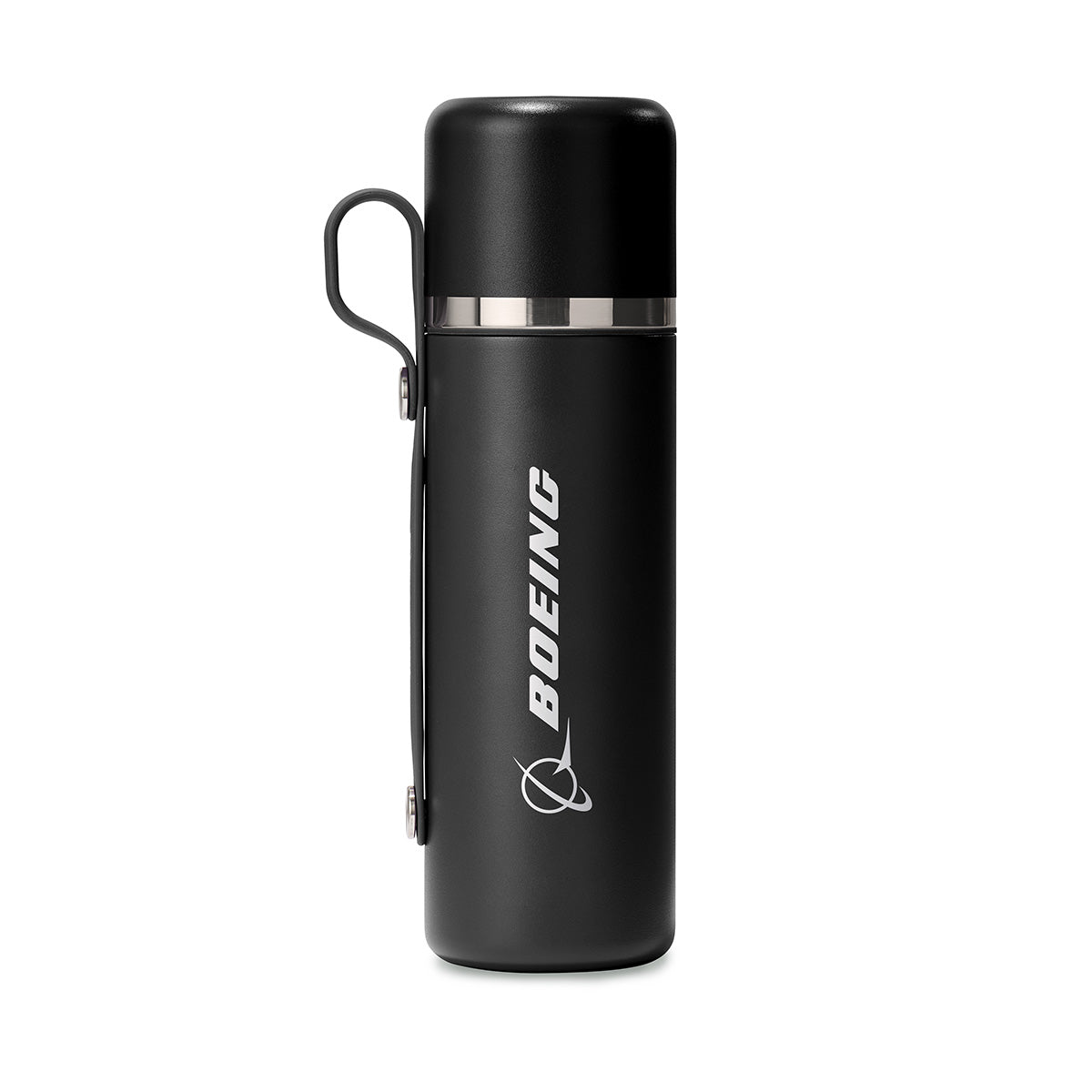 The BOEING Hydroflask Boeing 28 oz Flask & Cup features a black design, silver band near the lid, side handle, and the Boeing logo in white—offering sleek style with a leakproof hydration system.