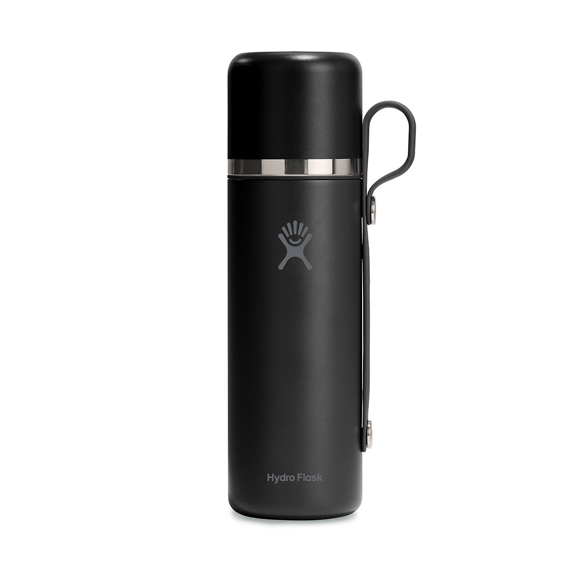 The BOEING Hydroflask Boeing 28 oz Flask & Cup, in black with a silver band and side handle, features a leakproof hydration system and stands upright on a white background.