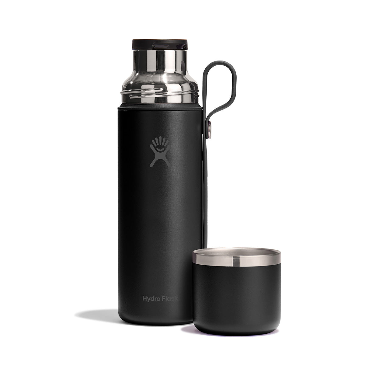 The BOEING Hydroflask Boeing 28 oz Flask & Cup in black features a metal cap, handle, silver rims, and a detachable cup. This minimalist thermal flask offers leakproof hydration and is shown on a crisp white background.