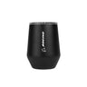 The BOEING MiiR 10 oz Wine Tumbler is matte black with a clear lid and features the Boeing logo in white vertically on the side. The insulated tumbler is shown against a plain white background.