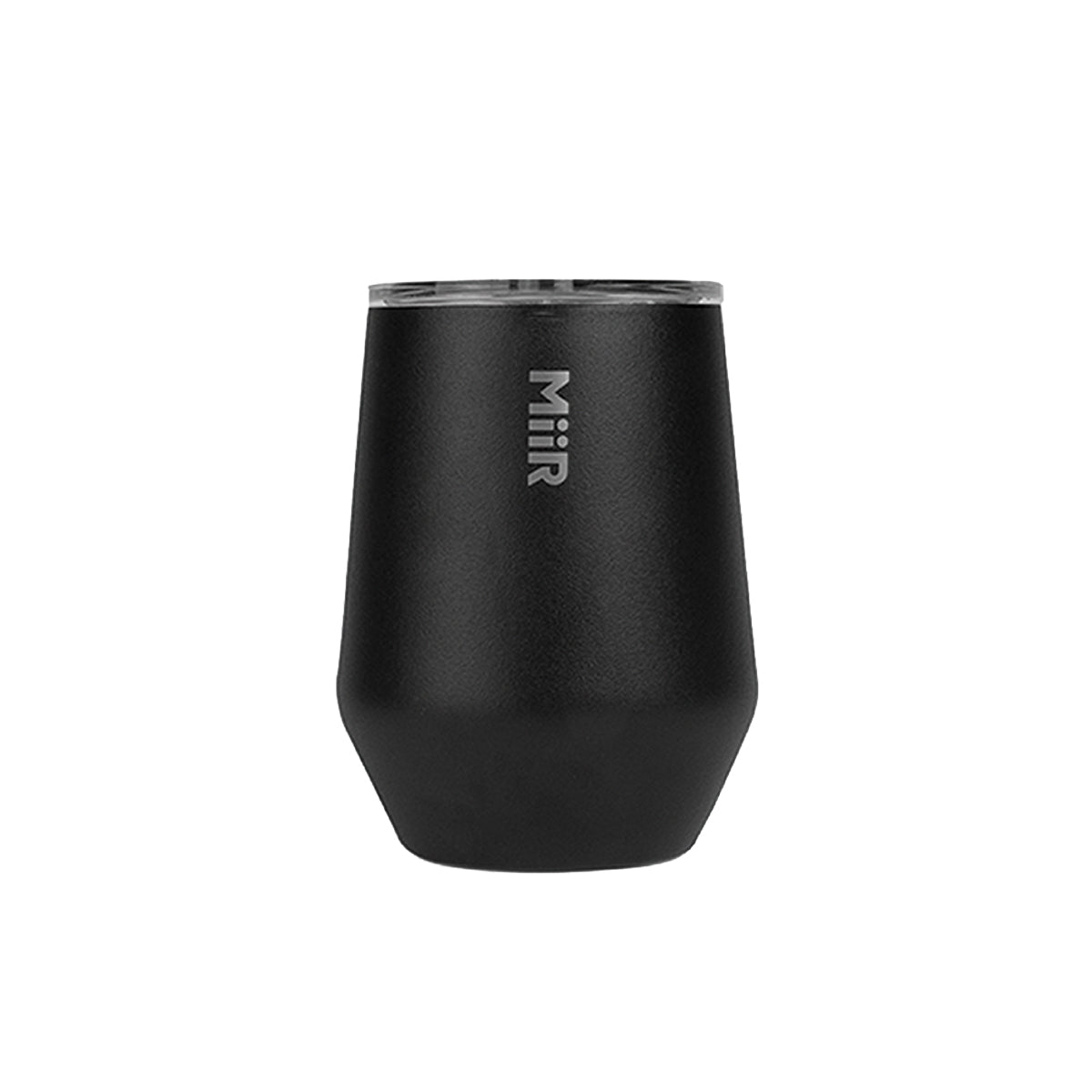 The BOEING MiiR 10 oz Wine Tumbler is a black stainless steel, insulated tumbler with a clear plastic lid and "MiiR" printed vertically on the side, designed to keep your drinks at the perfect temperature.