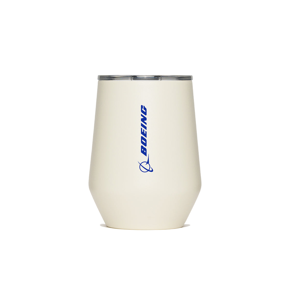 The MiiR Boeing 10 oz Wine Tumbler is a white, stainless steel insulated tumbler with a clear lid. It features the blue BOEING logo and name vertically on the front, shown against a plain white background.