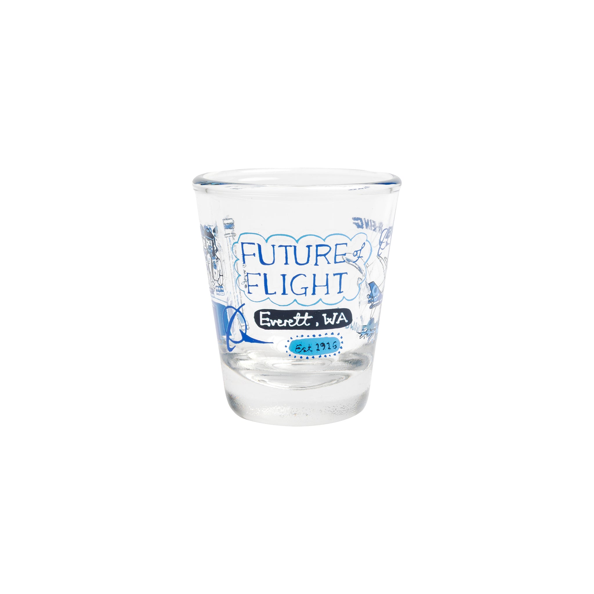 The Boeing Future Of Flight Destination Shot Glass by BOEING features blue Julia Gash-style graphics, “FUTURE FLIGHT,” “Everett, WA,” and “Est. 1916” text for a unique destination keepsake.