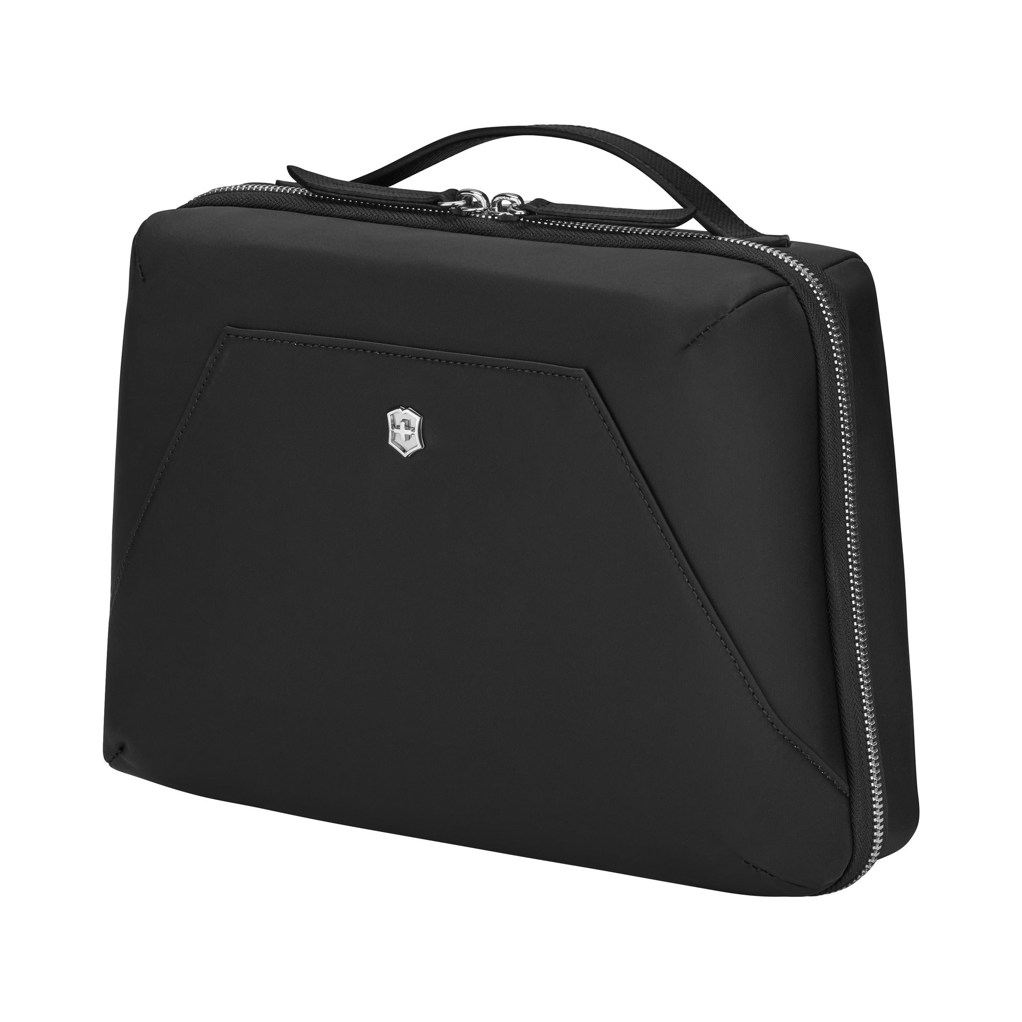 The Victorinox Victoria Signature Beauty Case by VICTORINOX is a sleek black bag with a minimalist design and small metallic logo. It features a zipper closure, top handle, rectangular shape with rounded edges, and odor-resistant lining to keep essentials fresh.