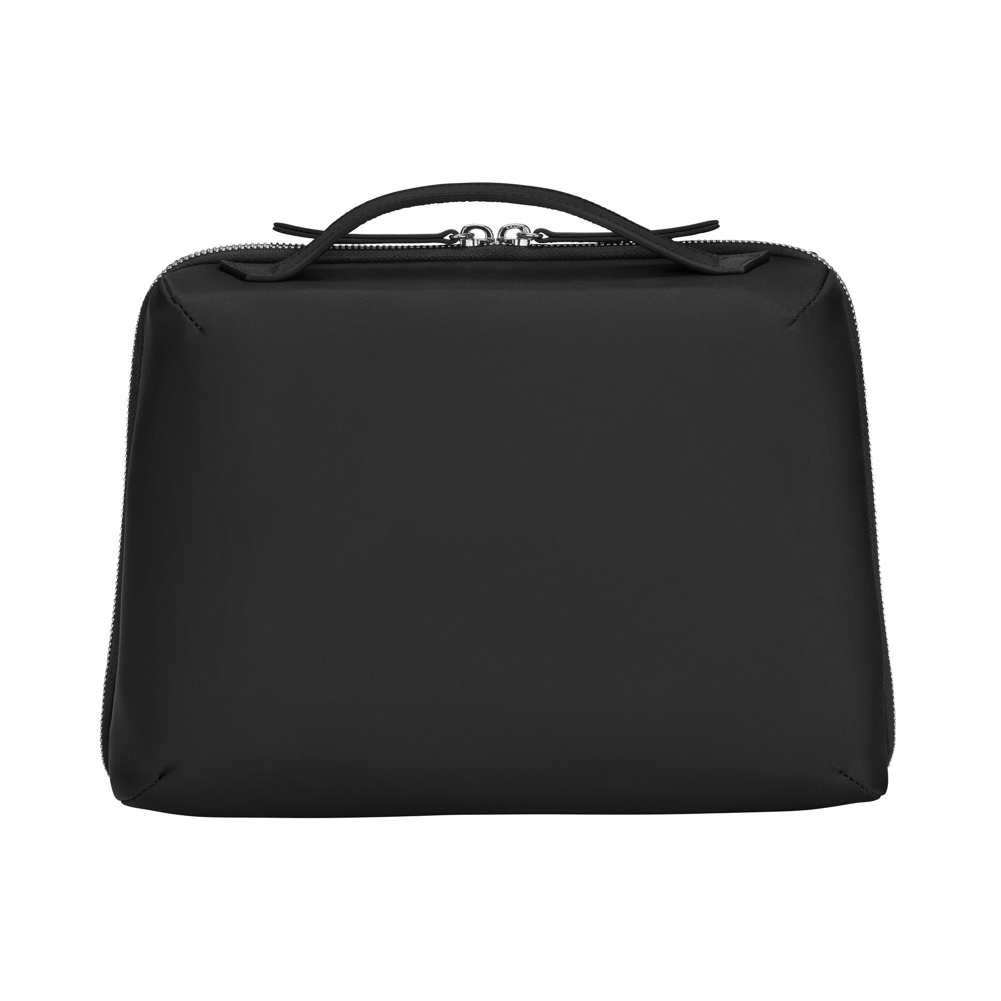 The Victorinox Victoria Signature Beauty Case by VICTORINOX is a black rectangular backpack with a minimalist design, featuring a top handle, visible double zipper, and odor-resistant lining. Its perfect for carrying essentials or using as a toiletries bag.