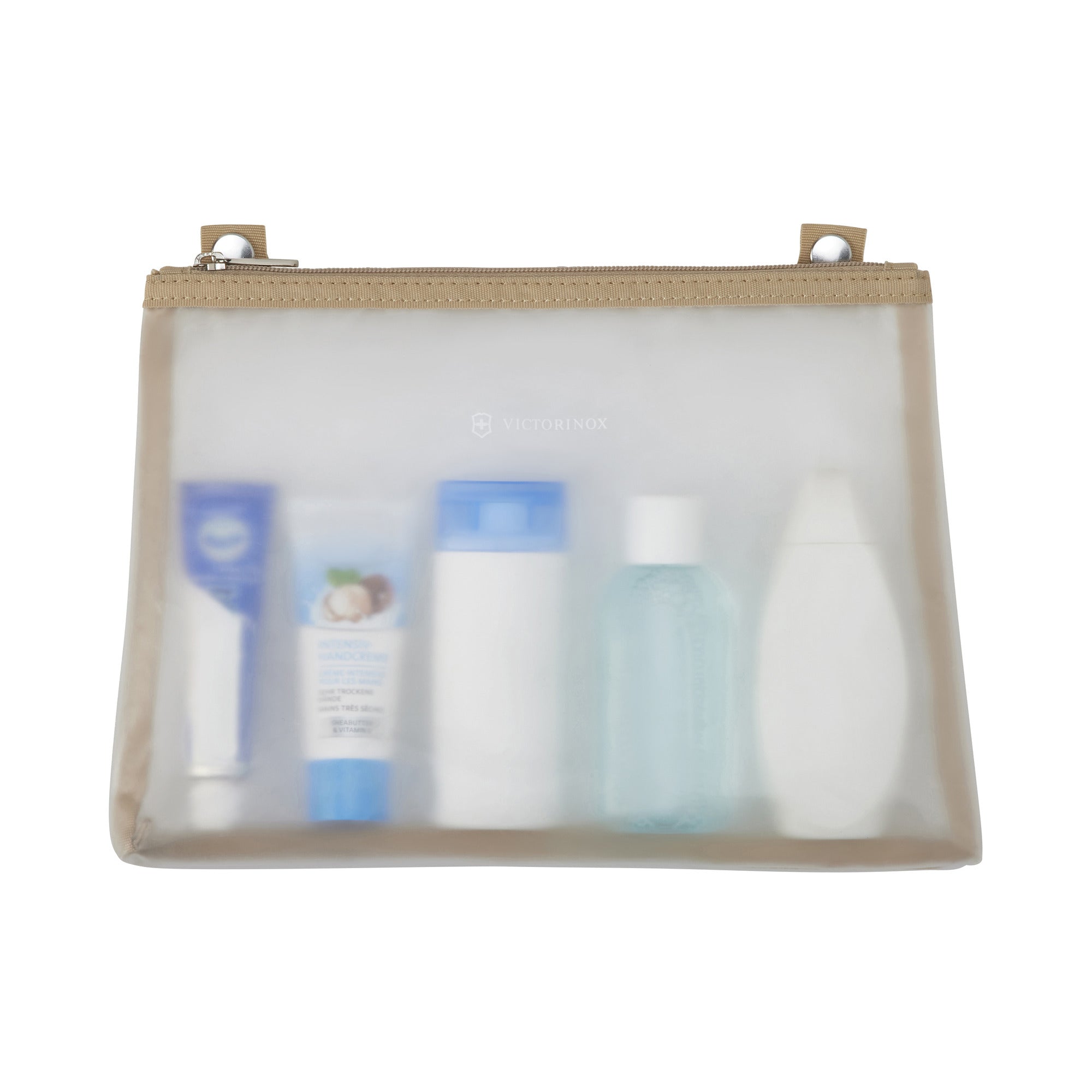 The Victorinox Victoria Signature Beauty Case by VICTORINOX features a transparent design with a tan zipper, holding five travel-sized bottles including a blue tube and small blue bottle. Its odor-resistant lining keeps your essentials fresh on the go.